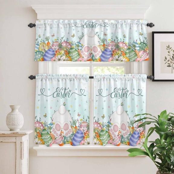 Kitchen Window Curtains Valance and Tier Set, Easter Spring Flower Eggs Bunny Rod Pocket Tier Curtain Valance Set, Rabbit Tail Farm Floral Plant Light Filtering Cafe Curtains for Bedroom Living Room