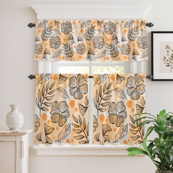 Kitchen Window Curtains Valance and Tier Set, Fall Daisy Flower Leaf Sketch Plant Art Rod Pocket Tier Curtain Valance Set, Boho Sun Retro Linen Light Filtering Cafe Curtains for Bedroom