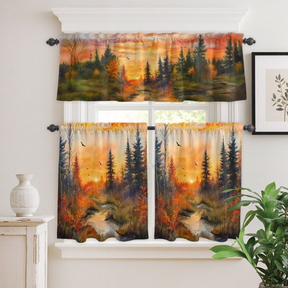 Kitchen Window Curtains Valance and Tier Set, Fall Watercolor Forest Tree Rod Pocket Tier Curtain Valance Set, County River Ombre Sunset Light Filtering Cafe Curtains for Bedroom Living Room