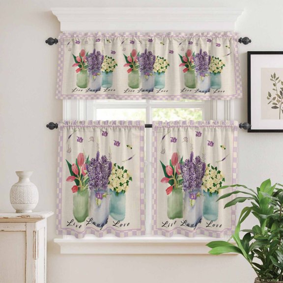 Kitchen Window Curtains Valance and Tier Set, Farm Blooming Floral in Bottle Rod Pocket Tier Curtain Valance Set, Purple Chic Buffalo Lattice Border Light Filtering Cafe Curtains for Bedroom