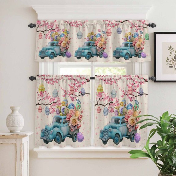 Kitchen Window Curtains Valance and Tier Set, Farm Blue Truck Rose Flower Easter Egg Rod Pocket Tier Curtain Valance Set, Spring Cherry Vintage Linen Light Filtering Cafe Curtains for Bedroom
