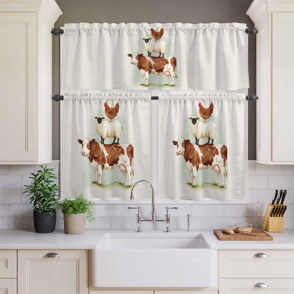 Kitchen Window Curtains Valance and Tier Set, Farm Cattle Sheep Chicken Rod Pocket Tier Curtains and Valance 3 Piece Set, Farmhouse Animal Retro Window Treatment for Bedroom Living Room