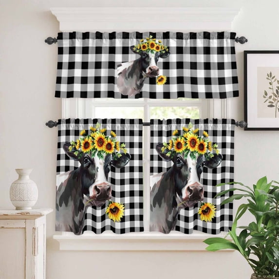 Kitchen Window Curtains Valance and Tier Set, Farm Cow with Sunflower Rod Pocket Tier Curtain Valance Set, Country Buffalo Black and White Plaid Light Filtering Cafe Curtains for Bedroom Living Room