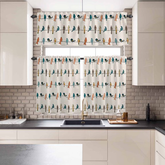 Kitchen Window Curtains Valance and Tier Set, Farm Funny Buffalo Plaid Birds on Wire Rod Pocket Tier Curtains and Valance 3 Piece Set, Vintage Linen Window Treatment for Bedroom Living Room