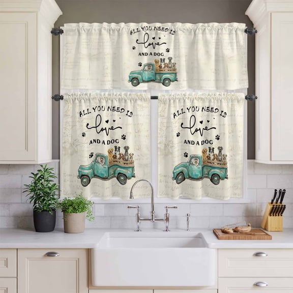 Kitchen Window Curtains Valance and Tier Set, Farm Green Old-fashioned Trucks Dog Rod Pocket Tier Curtains and Valance 3 Piece Set, Vintage Dog Paw Window Treatment for Bedroom Living Room