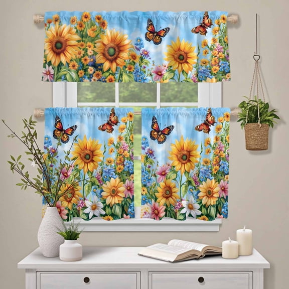 Kitchen Window Curtains Valance and Tier Set, Farm Sunflower Butterfly Rod Pocket Tier Curtain Valance Set, Watercolor Wildflower Blue Sky Light Filtering Cafe Curtains for Bedroom Living Room