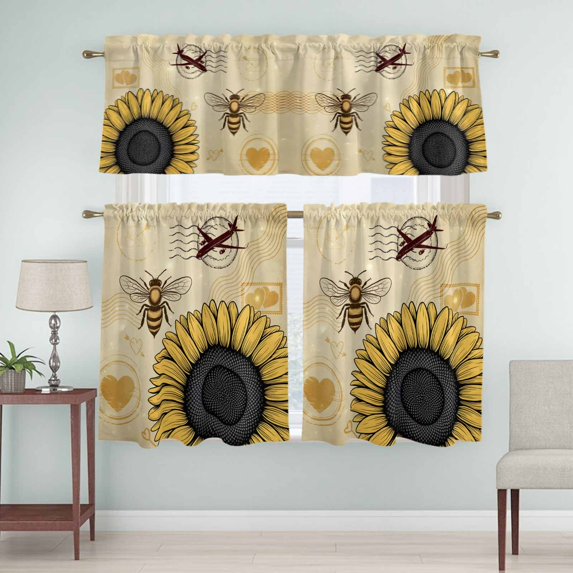 Kitchen Window Curtains Valance and Tier Set, Farm Sunflowers Bees Rod Pocket Tier Curtain Valance Set, Vintage Style Country Floral Light Filtering Cafe Curtains for Bedroom Living Room
