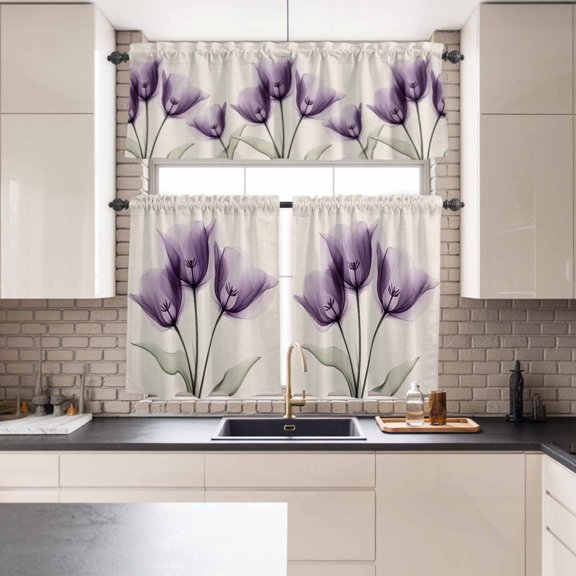 Kitchen Window Curtains Valance and Tier Set, Farm Tulip Purple Flower on Burlap Rod Pocket Tier Curtains and Valance 3 Piece Set, Watercolor Spring Floral Window Treatment for Bedroom Living Room