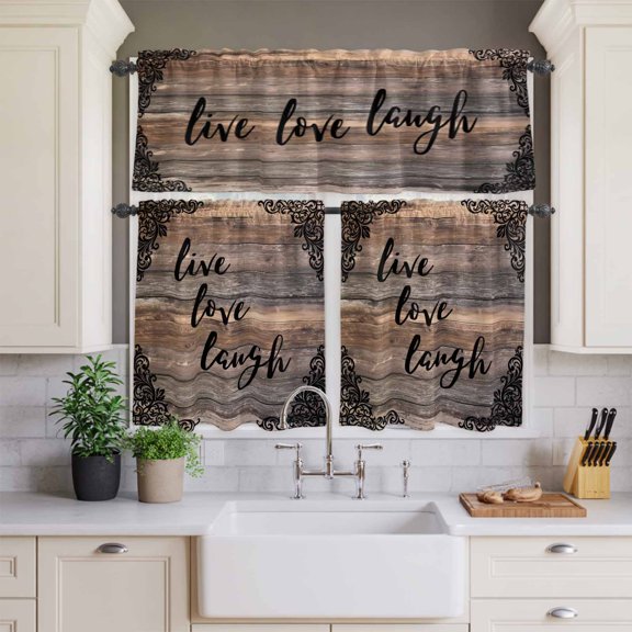 Kitchen Window Curtains Valance and Tier Set, Farmhouse Brown Wood Board Rod Pocket Tier Curtains and Valance 3 Piece Set, Live Love Laugh Text Flower Window Treatment for Bedroom Living Room