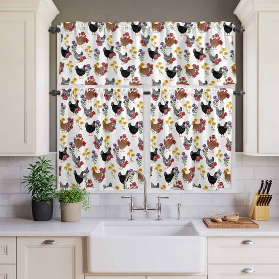 Kitchen Window Curtains Valance and Tier Set, Farmhouse Chicken Colorful Poppy Rod Pocket Tier Curtains and Valance 3 Piece Set, Spring Floral Leaves Window Treatment for Bedroom Living Room