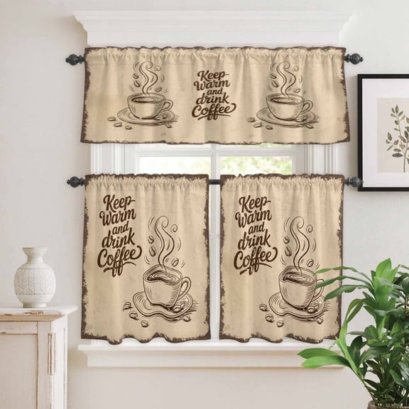 Kitchen Window Curtains Valance and Tier Set, Farmhouse Coffee Beans Retro Rod Pocket Tier Curtain Valance Set, Keep Warm Quote Light Filtering Cafe Curtains for Bedroom Living Room