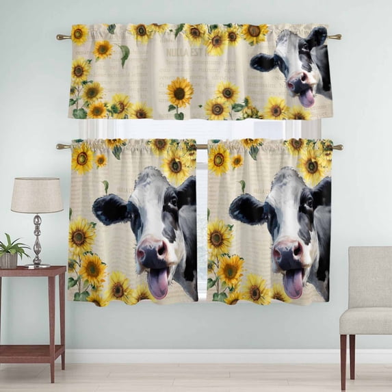 Kitchen Window Curtains Valance and Tier Set, Farmhouse Cow Sunflower Rod Pocket Tier Curtain Valance Set, Vintage Newspapers Back Light Filtering Cafe Curtains for Bedroom Living Room