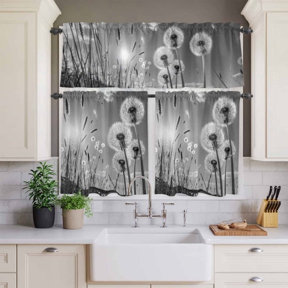 Kitchen Window Curtains Valance and Tier Set, Farmhouse Grey Field Dandelion Rural Plant Rod Pocket Tier Curtains and Valance 3 Piece Set, Idyllic Botanical Window Treatment for Bedroom Living Room