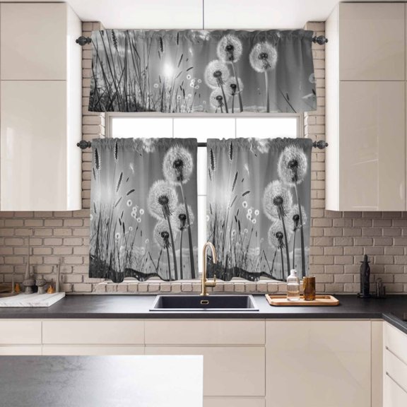 Kitchen Window Curtains Valance and Tier Set, Farmhouse Grey Field Dandelion Rural Plant Rod Pocket Tier Curtains and Valance 3 Piece Set, Idyllic Botanical Window Treatment for Bedroom Living Room