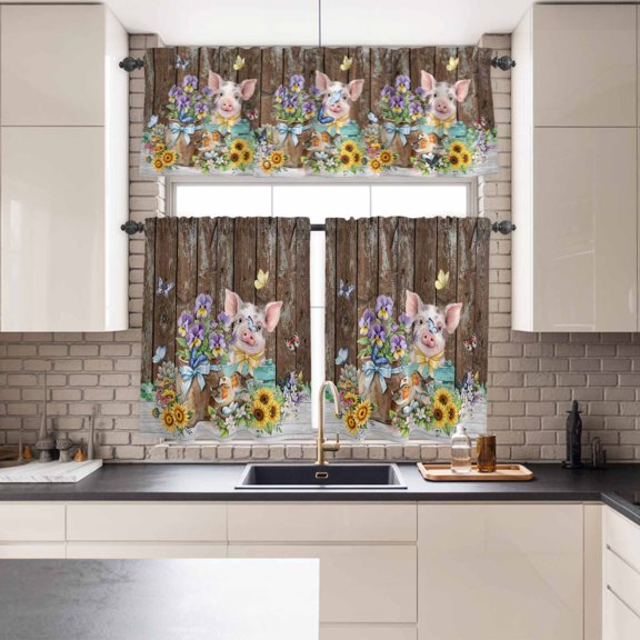 Kitchen Window Curtains Valance and Tier Set, Farmhouse Pig Spring Flower Rod Pocket Tier Curtains and Valance 3 Piece Set, Vintage Brown Wooden Plank Window Treatment for Bedroom Living Room