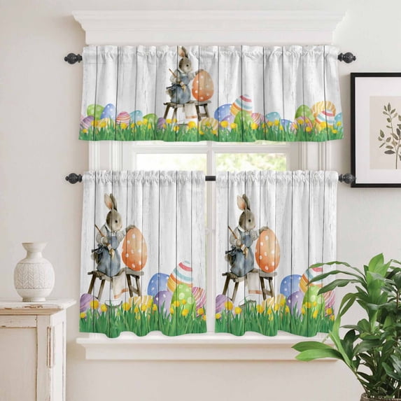 Kitchen Window Curtains Valance and Tier Set, Farmhouse Rabbit Easter Egg Rod Pocket Tier Curtain Valance Set, Rustic Wood Board Flower Light Filtering Cafe Curtains for Bedroom Living Room
