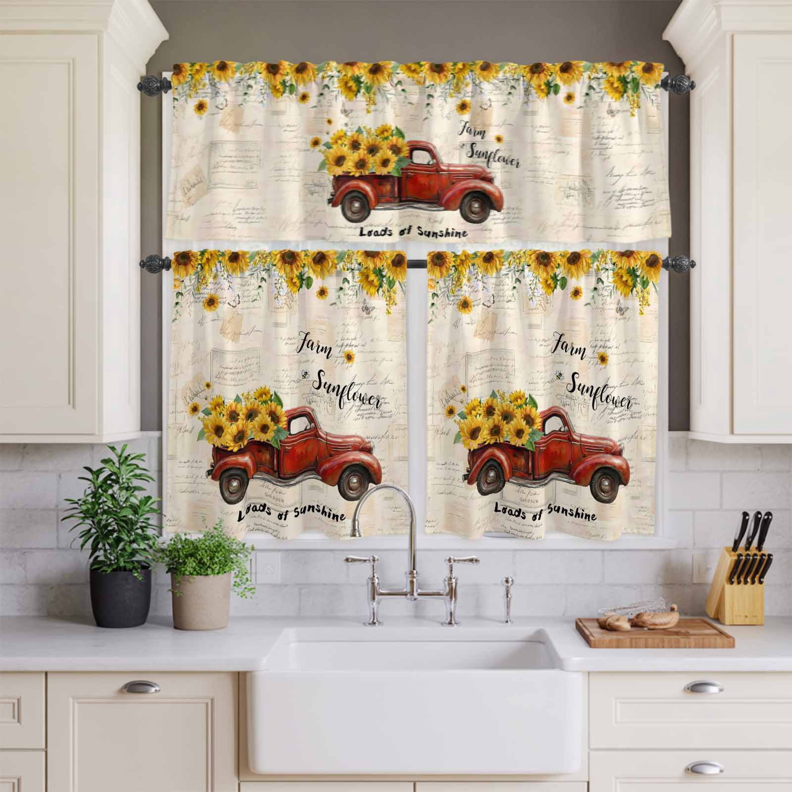 Kitchen Window Curtains Valance and Tier Set, Farmhouse Red Truck