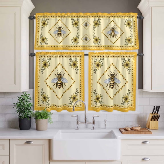 Kitchen Window Curtains Valance and Tier Set, Farmhouse Sunflower Bee Rod Pocket Tier Curtains and Valance 3 Piece Set, Pastoral Floral Retro Yellow Theme Window Treatment for Bedroom Living Room