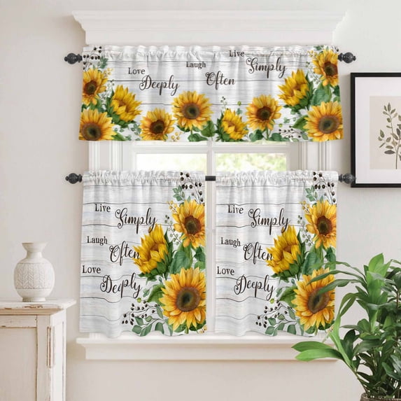 Kitchen Window Curtains Valance and Tier Set, Farmhouses Watercolor Sunflowers Plant Rod Pocket Tier Curtain Valance Set, Vintage Wood Board Light Filtering Cafe Curtains for Bedroom Living Room