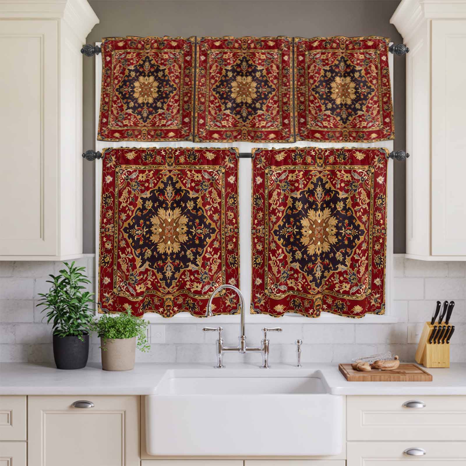 Kitchen Window Curtains Valance and Tier Set, Floral Leaves Frames ...
