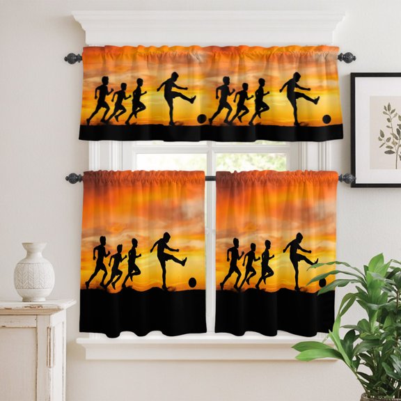 Kitchen Window Curtains Valance and Tier Set, Football Sports Competition Rod Pocket Tier Curtain Valance Set, Sunset Background Light Filtering Cafe Curtains for Bedroom Living Room