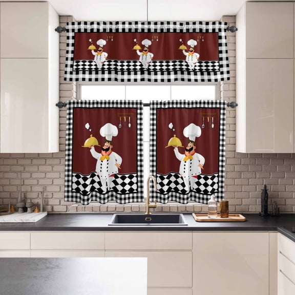 Kitchen Window Curtains Valance and Tier Set, Funny Chef Food Cutlery Rod Pocket Tier Curtains and Valance 3 Piece Set, Black White Plaid Dark Maroon Window Treatment for Bedroom Living Room