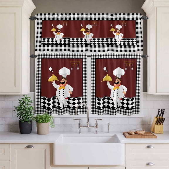 Kitchen Window Curtains Valance and Tier Set, Funny Chef Food Cutlery Rod Pocket Tier Curtains and Valance 3 Piece Set, Black White Plaid Dark Maroon Window Treatment for Bedroom Living Room