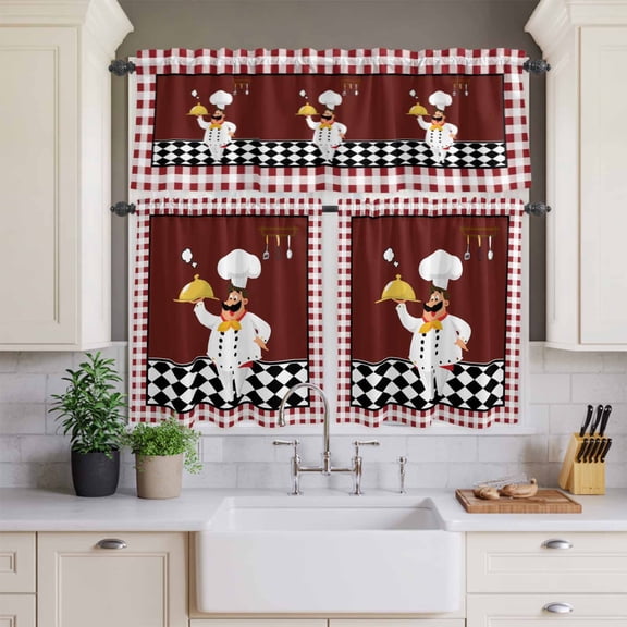 Kitchen Window Curtains Valance and Tier Set, Funny Chef Kitchen Tableware Rod Pocket Tier Curtains and Valance 3 Piece Set, Burgundy Red Black Lattice Window Treatment for Bedroom Living Room