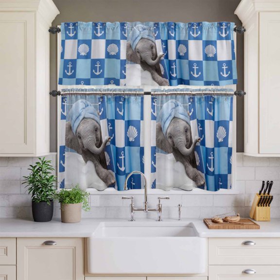 Kitchen Window Curtains Valance and Tier Set, Funny Elephant Rod Pocket Tier Curtains and Valance 3 Piece Set, Nautical Anchor Shell Blue Plaid Window Treatment for Bedroom Living Room