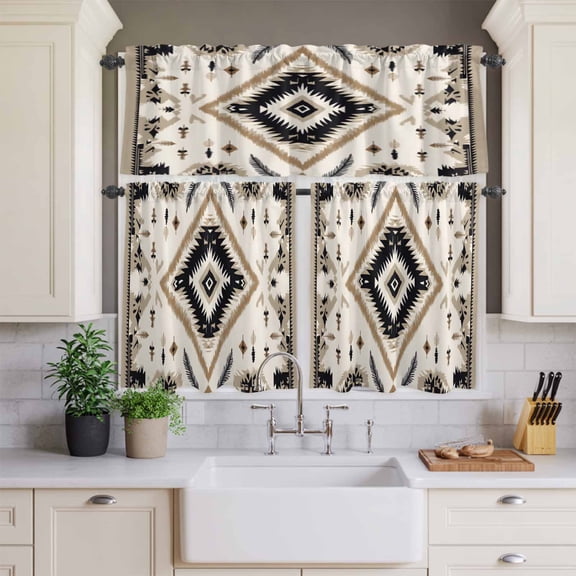 Kitchen Window Curtains Valance and Tier Set, Geometric Ethnic Pattern Rod Pocket Tier Curtains and Valance 3 Piece Set, Abstract Tribal Art Light Filtering Window Treatment for Bedroom Living Room