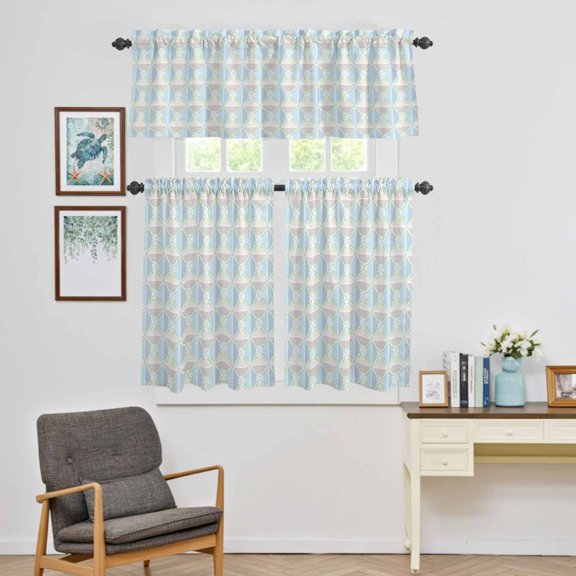 Kitchen Window Curtains Valance and Tier Set, Geometric Traditional Flower Diamond Lattice Rod Pocket Tier Curtain Valance Set, Ethnic Grid Light Filtering Cafe Curtains for Bedroom Living Room
