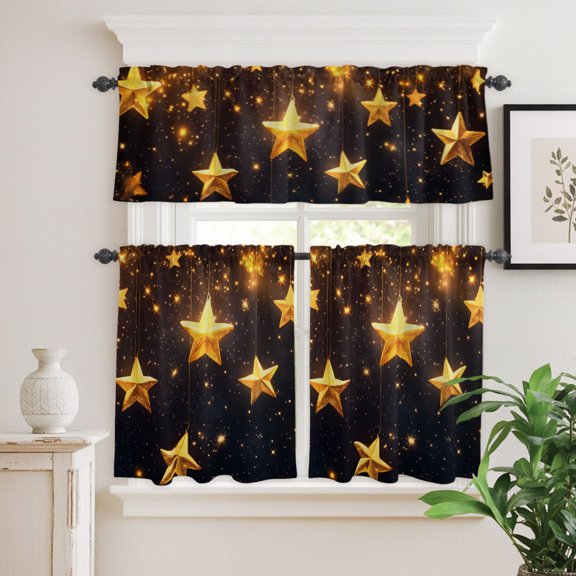 Kitchen Window Curtains Valance and Tier Set, Gold Star Starry Sky Rod Pocket Tier Curtain Valance Set, Galaxy Theme Light Filtering Cafe Curtains for Bedroom Living Room