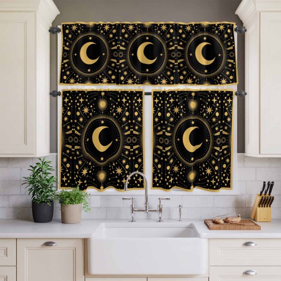 Kitchen Window Curtains Valance and Tier Set, Gold Yellow Moon Star Rod Pocket Tier Curtains and Valance 3 Piece Set, Starry Night Polka Dot on Black Window Treatment for Bedroom Living Room