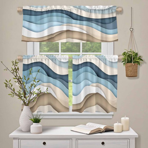 Kitchen Window Curtains Valance and Tier Set, Gradient Abstract Blue Brown Ocean Waves Rod Pocket Tier Curtain Valance Set, Seaside Sand Light Filtering Cafe Curtains for Bedroom Living Room