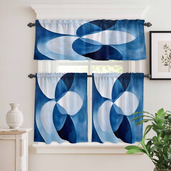 Kitchen Window Curtains Valance and Tier Set, Gradient Blue Geometric Circle Rod Pocket Tier Curtain Valance Set, Modern Abstract Art Light Filtering Cafe Curtains for Bedroom Living Room