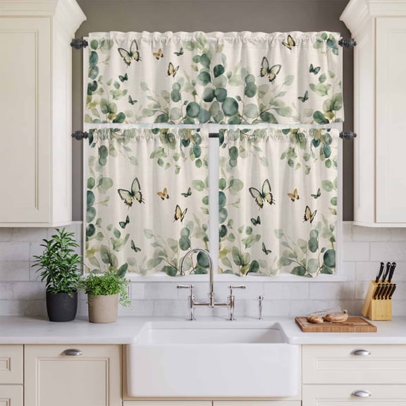 Kitchen Window Curtains Valance and Tier Set, Gradient Eucalyptus Retro Linen Rod Pocket Tier Curtains and Valance 3 Piece Set, Farm Elegant Butterfly Window Treatment for Bedroom Living Room