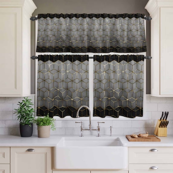 Kitchen Window Curtains Valance and Tier Set, Gray Mottled Gradient Geometric Rod Pocket Tier Curtains and Valance 3 Piece Set, Modern Abstract Stereo Art Window Treatment for Bedroom Living Room