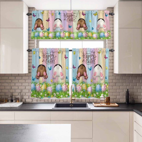 Kitchen Window Curtains Valance Tier Set, Happy Easter Rabbit Butt Egg on Daisy Leaf Rod Pocket Tier Curtains Valance 3 Piece Set, Bufferfly on Wood Barn Window Treatment for Bedroom Living Room
