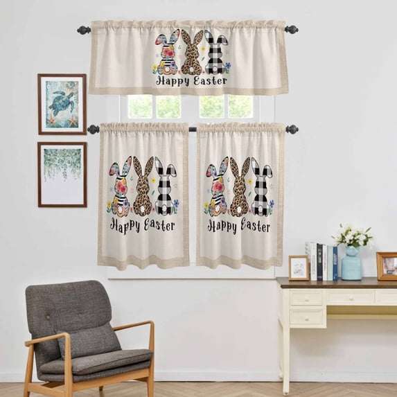 Kitchen Window Curtains Valance and Tier Set, Happy Easter Rabbit Leopard Flower Black Plaid Bunny Rod Pocket Tier Curtain Valance Set, Spring Vintage Cotton Linen Light Filtering Cafe Curtains