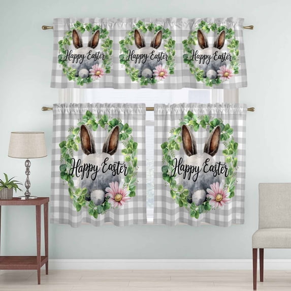 Kitchen Window Curtains Valance and Tier Set, Happy Easter Rabbits on Gray Plaid Rod Pocket Tier Curtain Valance Set, Jugal Leaves Flowers Light Filtering Cafe Curtains for Bedroom Living Room