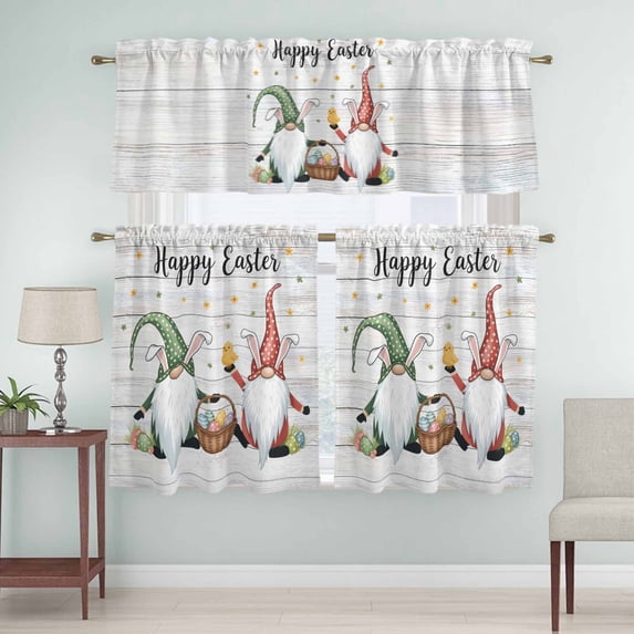 Kitchen Window Curtains Valance and Tier Set, Happy Easter Words Gnomes Rod Pocket Tier Curtain Valance Set, Eggs on Wood Board Light Filtering Cafe Curtains for Bedroom Living Room