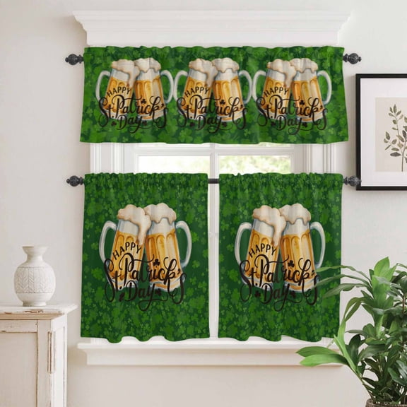 Kitchen Window Curtains Valance and Tier Set, Happy St. Patrick's Day Beer with Clovers Rod Pocket Tier Curtain Valance Set, Celtic Knots Green Leaves Light Filtering Cafe Curtains for Bedroom