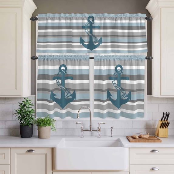 Kitchen Window Curtains Valance and Tier Set, Haze Blue Ocean Anchor Rod Pocket Tier Curtains and Valance 3 Piece Set, Coastal Gray White Stripe Window Treatment for Bedroom Living Room