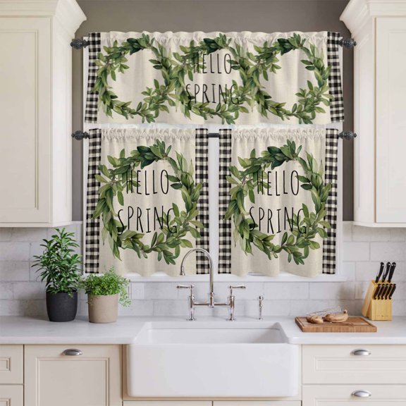 Kitchen Window Curtains Valance and Tier Set, Hello Spring Leaves Wreath Rod Pocket Tier Curtains and Valance 3 Piece Set, Classic Black Buffalo on Burlap Window Treatment for Bedroom Living Room