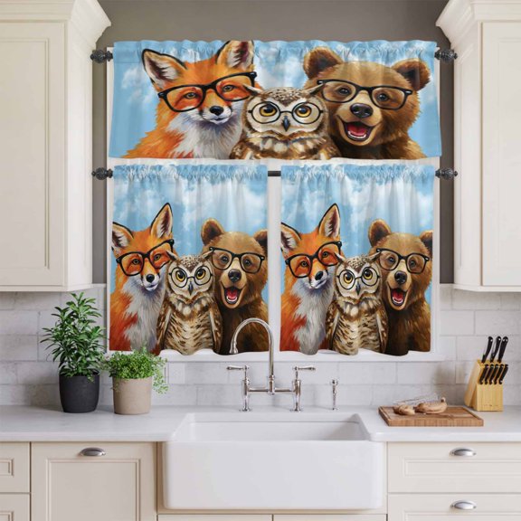 Kitchen Window Curtains Valance and Tier Set, Hipster Fox Owl Rod Pocket Tier Curtains and Valance 3 Piece Set, Bear with Glasses Abstract Animal Art Window Treatment for Bedroom Living Room
