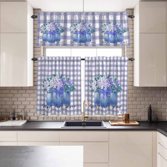Kitchen Window Curtains Valance and Tier Set, Hydrangea Flower in Glass Vase Rod Pocket Tier Curtains and Valance 3 Piece Set, Purple White Buffalo Plaid Window Treatment for Bedroom Living Room