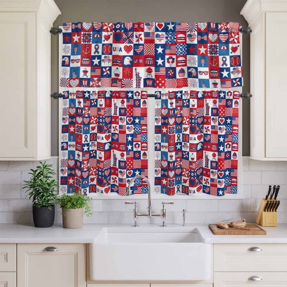 Kitchen Window Curtains Valance and Tier Set, Independence Day USA Flag Rod Pocket Tier Curtains and Valance 3 Piece Set, Abstract Geometric July 4th Window Treatment for Bedroom Living Room