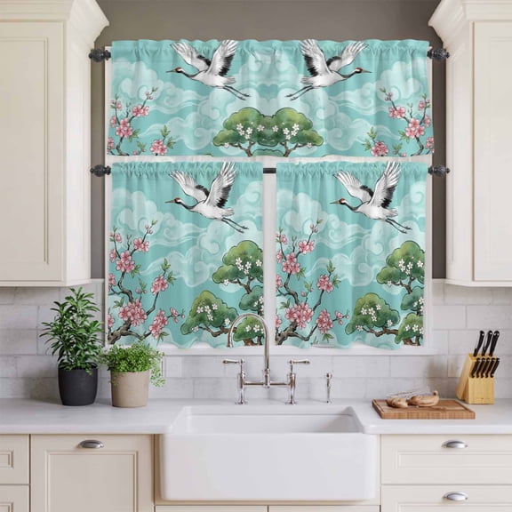 Kitchen Window Curtains Valance and Tier Set, Japanese Cherry Blossoms Cranes Rod Pocket Tier Curtains and Valance 3 Piece Set, Pineapple Clouds Window Treatment for Bedroom Living Room