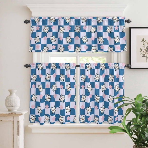 Kitchen Window Curtains Valance and Tier Set, Japanese Cute Kitty Rod Pocket Tier Curtain Valance Set, Lucky Cat on Blue Plaid Light Filtering Cafe Curtains for Bedroom Living Room