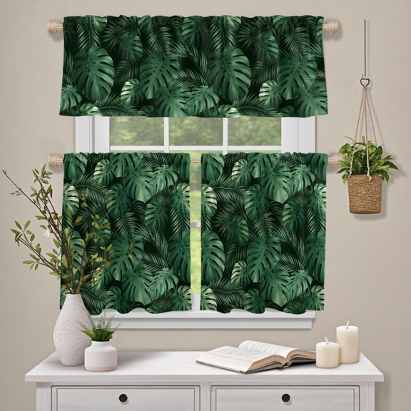 Kitchen Window Curtains Valance and Tier Set, Jungle Rainforest Botanical Leaves Rod Pocket Tier Curtain Valance Set, Green Foliage on Black Light Filtering Cafe Curtains for Bedroom Living Room
